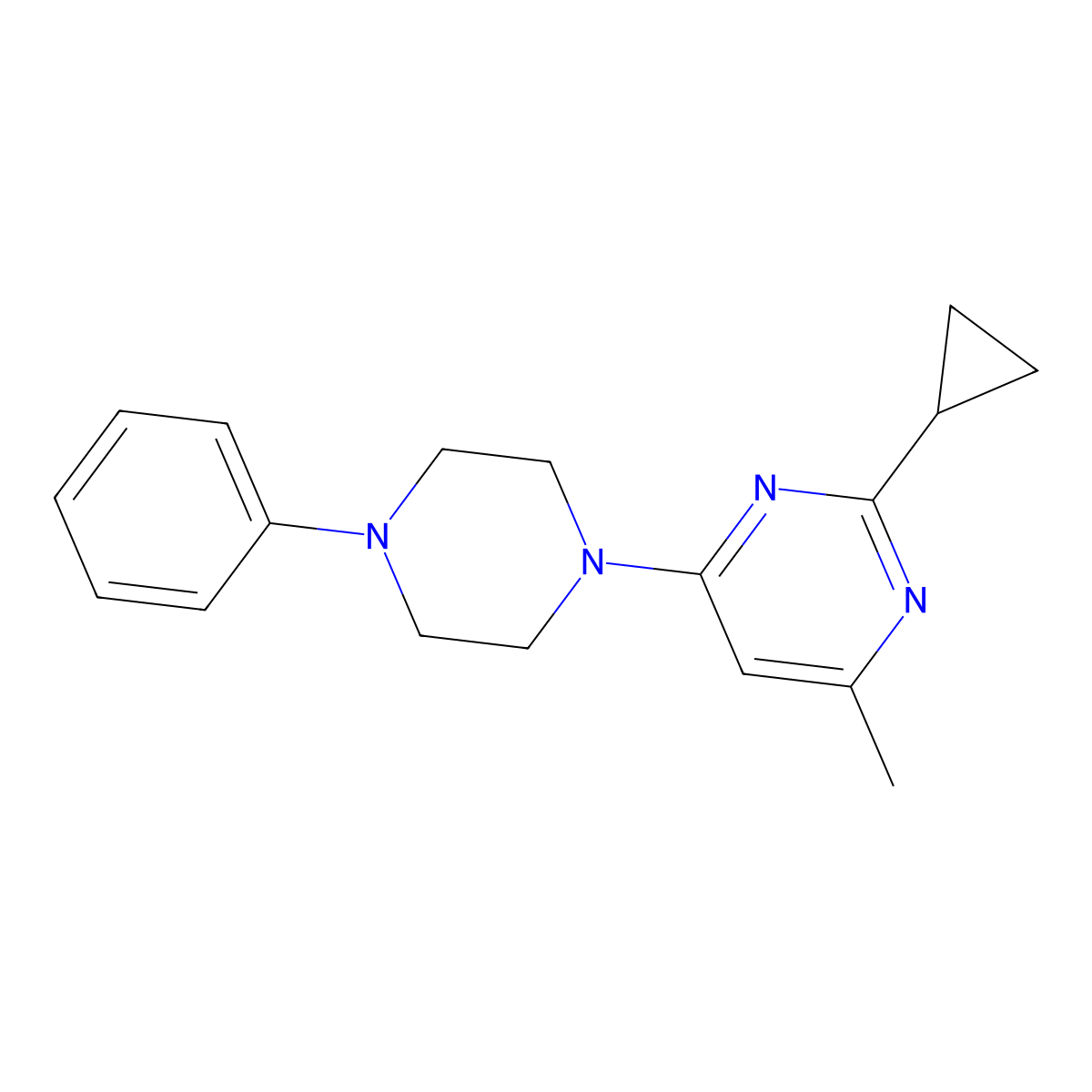 2-Cyclopropyl-4-methyl-6-(4-phenylpiperazin-1-yl)pyrimidine molecular structure, CAS 2325120-51-0