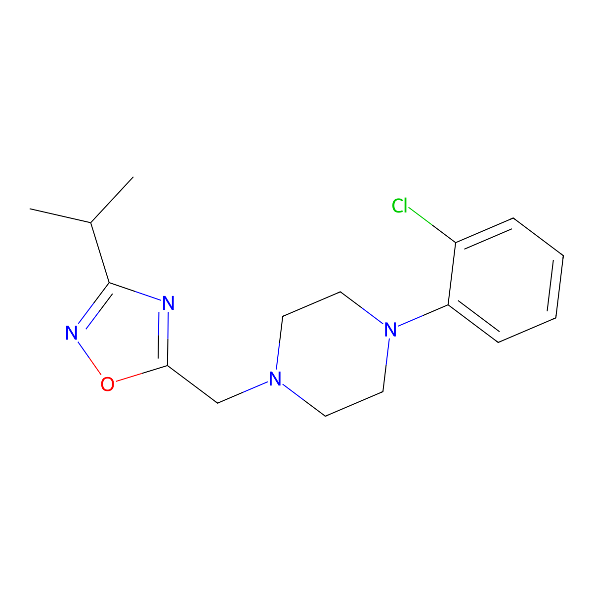 1-(2-Chlorophenyl)-4-{[3-(propan-2-yl)-1,2,4-oxadiazol-5-yl]methyl}piperazine molecular structure, CAS 2325237-38-3