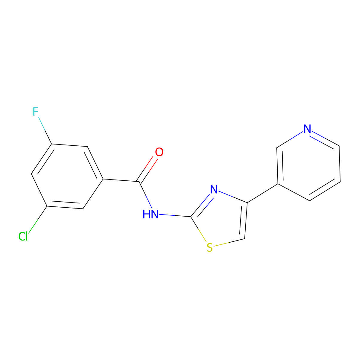 3-chloro-5-fluoro-N-[4-(pyridin-3-yl)-1,3-thiazol-2-yl]benzamide molecular structure, CAS 2325243-45-4
