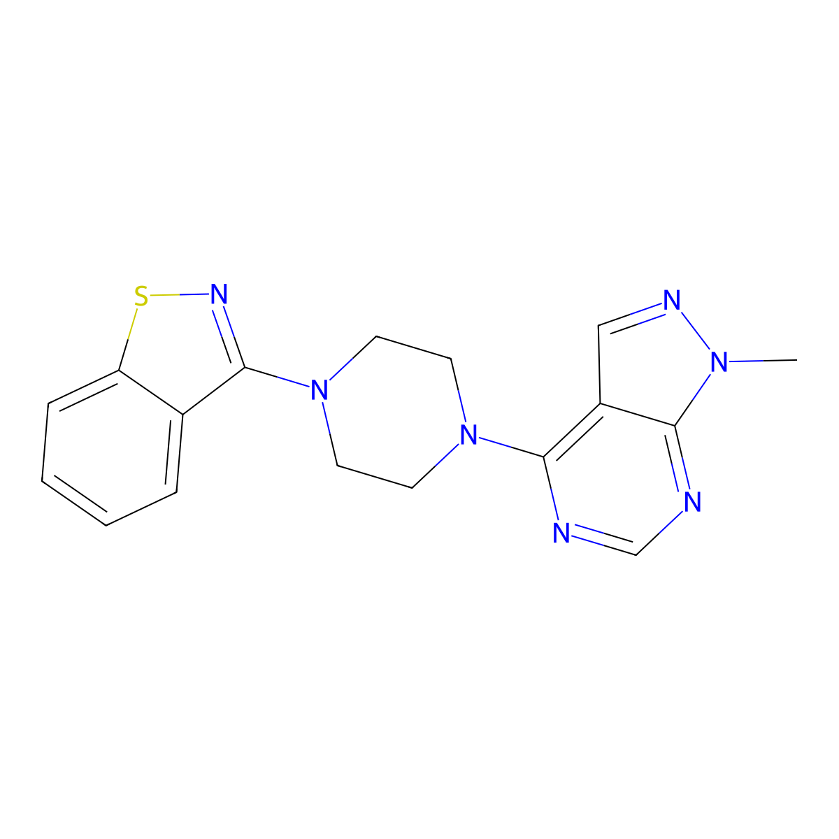 3-(4-{1-methyl-1H-pyrazolo[3,4-d]pyrimidin-4-yl}piperazin-1-yl)-1,2-benzothiazole molecular structure, CAS 2325326-42-7