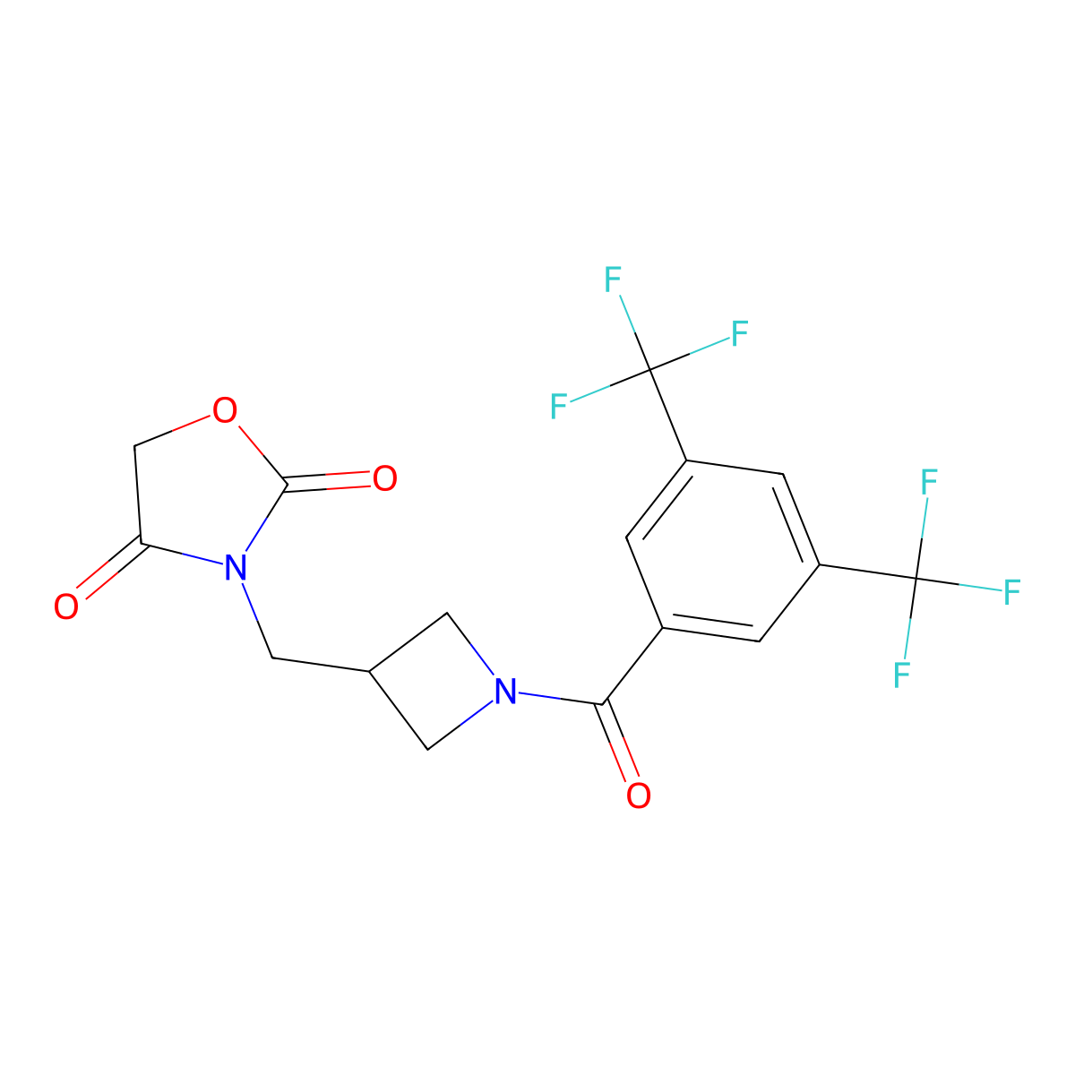 3-((1-(3,5-Bis(trifluoromethyl)benzoyl)azetidin-3-yl)methyl)oxazolidine-2,4-dione molecular structure, CAS 2325837-15-6