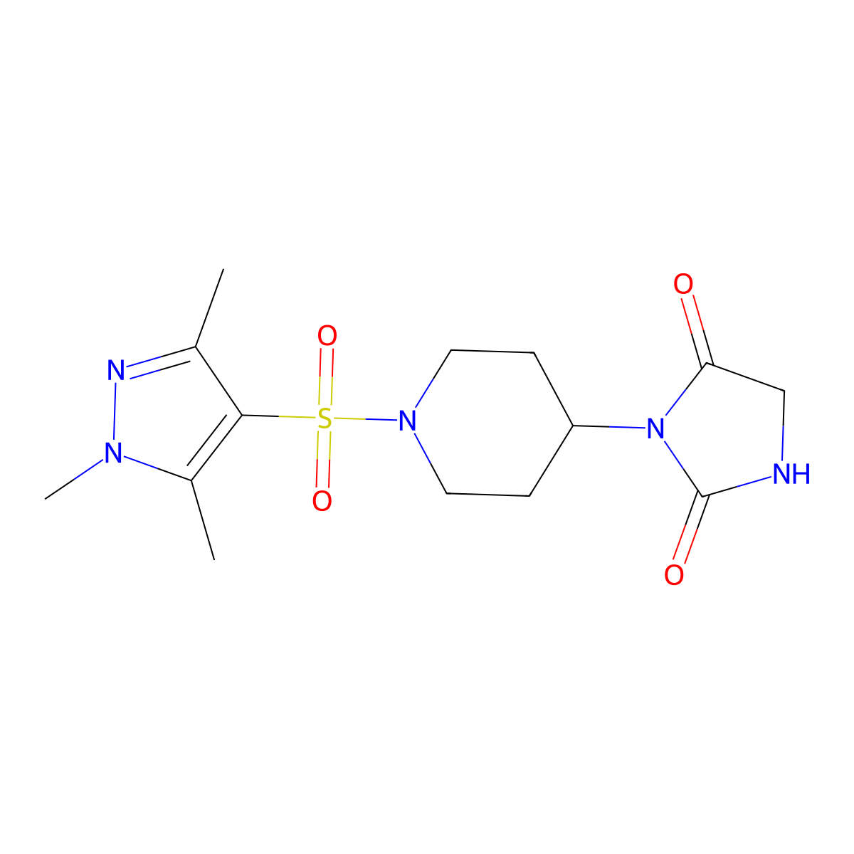 3-{1-[(1,3,5-trimethyl-1H-pyrazol-4-yl)sulfonyl]piperidin-4-yl}imidazolidine-2,4-dione molecular structure, CAS 2325919-68-2
