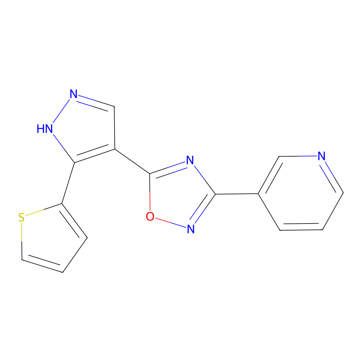 3-{5-[3-(thiophen-2-yl)-1H-pyrazol-4-yl]-1,2,4-oxadiazol-3-yl}pyridine molecular structure, CAS 2325974-48-7