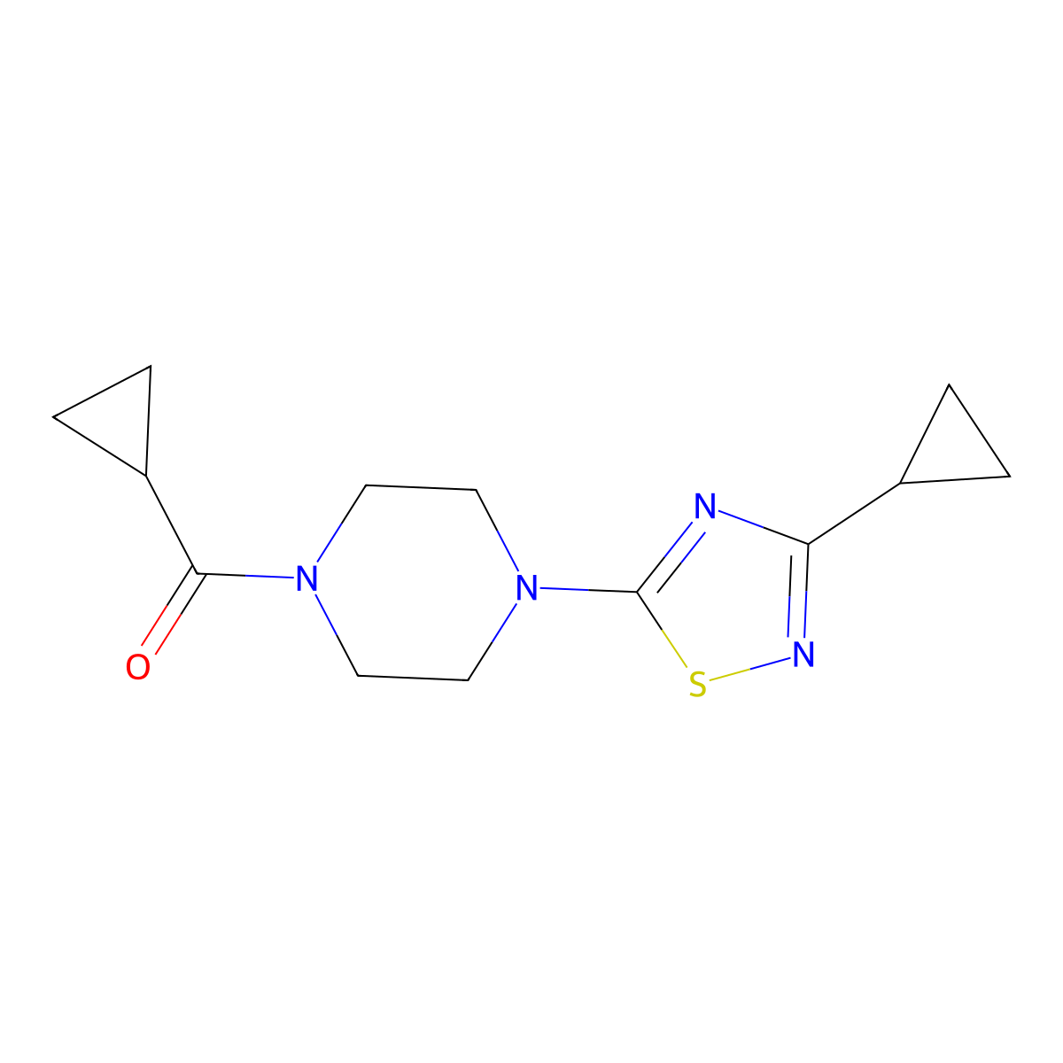 1-Cyclopropanecarbonyl-4-(3-cyclopropyl-1,2,4-thiadiazol-5-yl)piperazine molecular structure, CAS 2326080-92-4