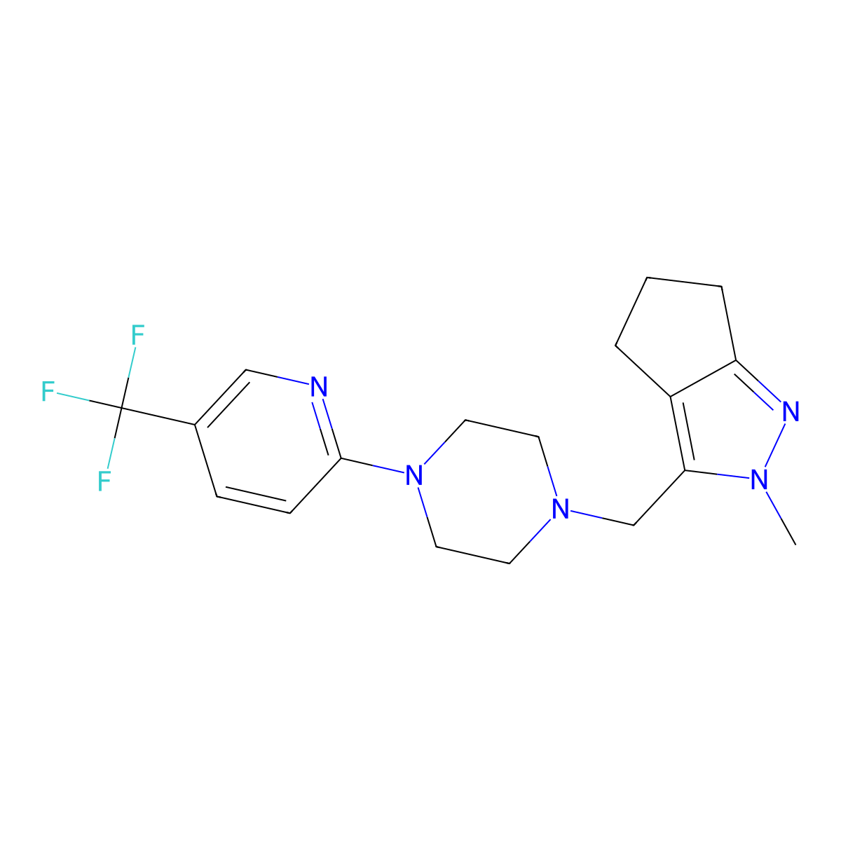 1-({2-methyl-2H,4H,5H,6H-cyclopenta[c]pyrazol-3-yl}methyl)-4-[5-(trifluoromethyl)pyridin-2-yl]piperazine molecular structure, CAS 2326126-01-4