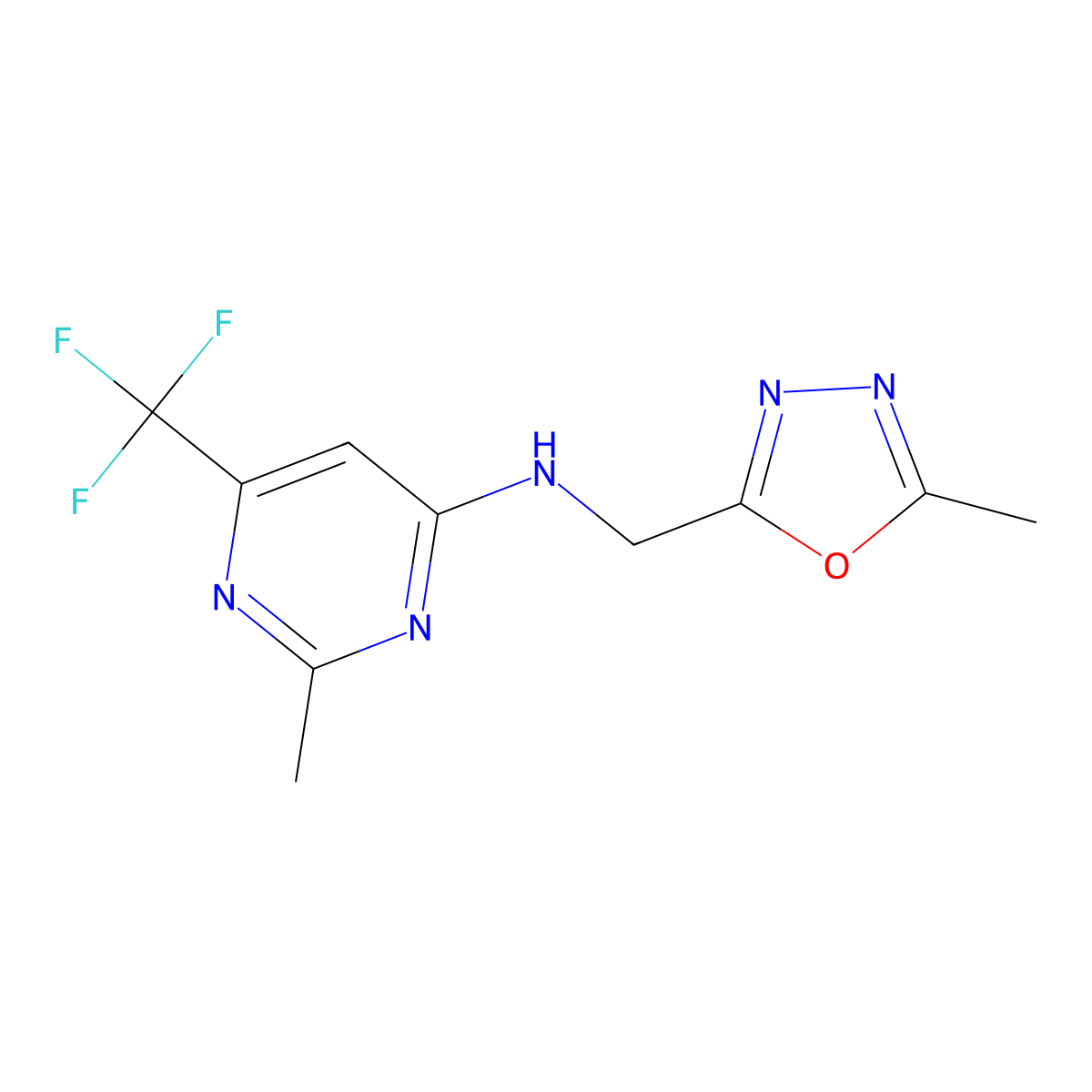 2-methyl-N-[(5-methyl-1,3,4-oxadiazol-2-yl)methyl]-6-(trifluoromethyl)pyrimidin-4-amine molecular structure, CAS 2326183-90-6