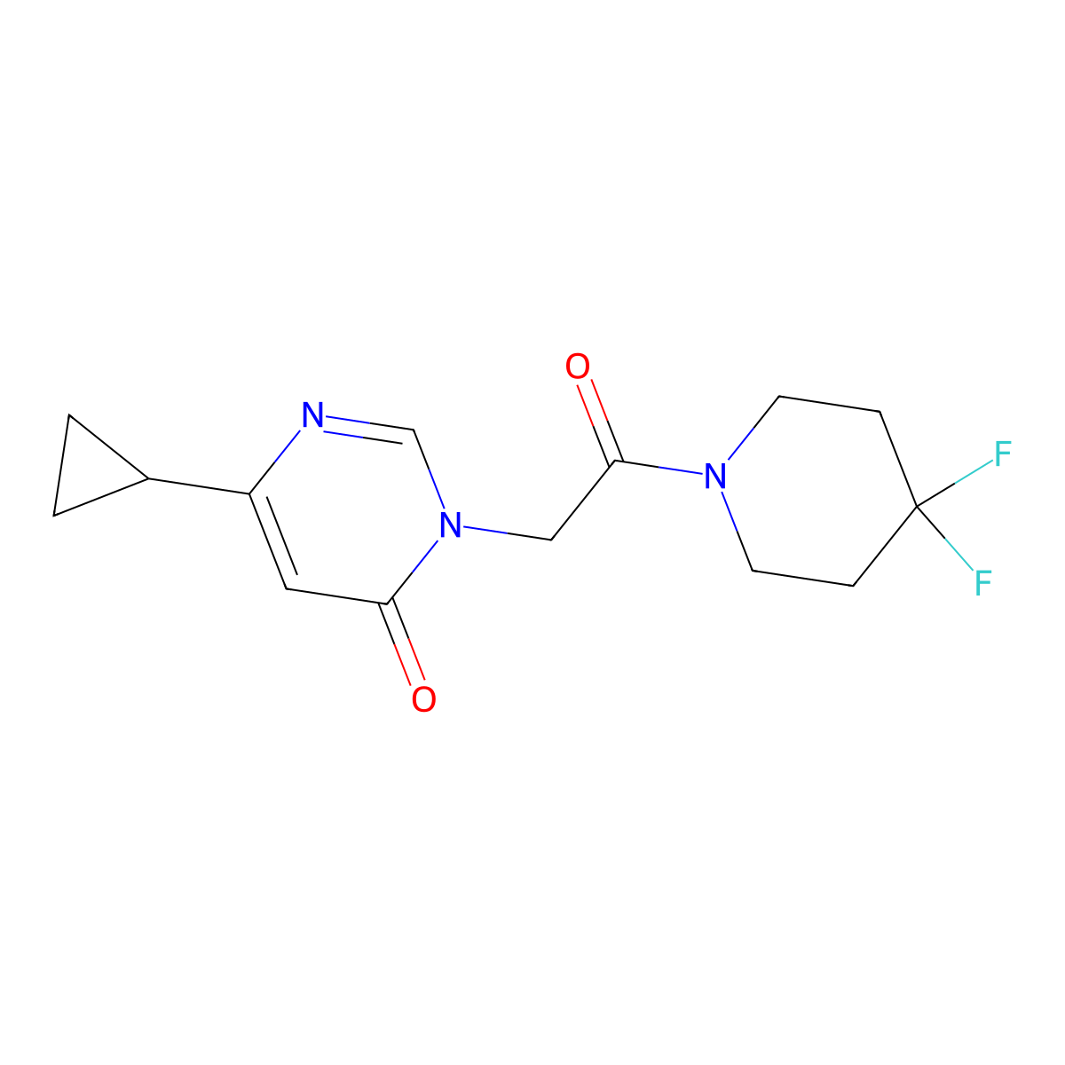 6-Cyclopropyl-3-[2-(4,4-difluoropiperidin-1-yl)-2-oxoethyl]-3,4-dihydropyrimidin-4-one molecular structure, CAS 2326195-83-7