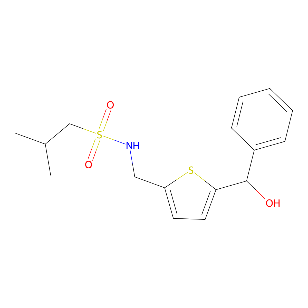 N-({5-[hydroxy(phenyl)methyl]thiophen-2-yl}methyl)-2-methylpropane-1-sulfonamide molecular structure, CAS 2326299-81-2