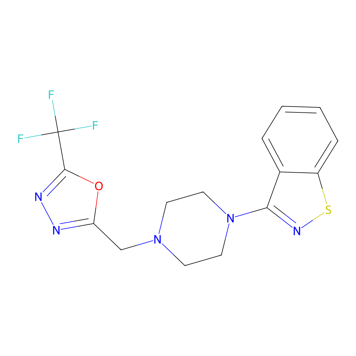 3-(4-{[5-(Trifluoromethyl)-1,3,4-oxadiazol-2-yl]methyl}piperazin-1-yl)-1,2-benzothiazole molecular structure, CAS 2326303-50-6