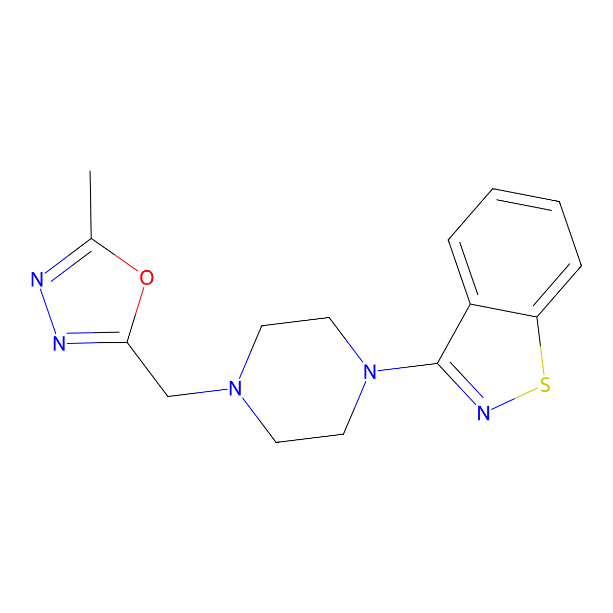 3-{4-[(5-Methyl-1,3,4-oxadiazol-2-yl)methyl]piperazin-1-yl}-1,2-benzothiazole molecular structure, CAS 2326314-18-3