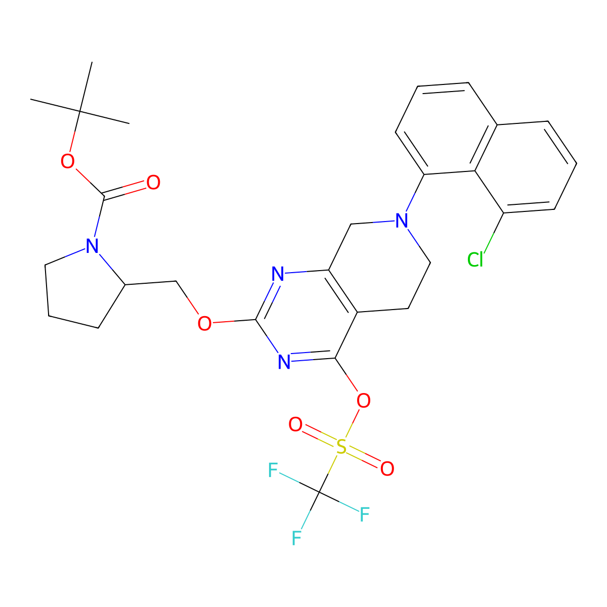 (S)-2-[(1-Boc-2-pyrrolidinyl)methoxy]-7-(8-chloro-1-naphthyl)-5,6,7,8-tetrahydropyrido[3,4-d]pyrimidin-4-yl Trifluoromethanesulfonate molecular structure, CAS 2326525-47-5