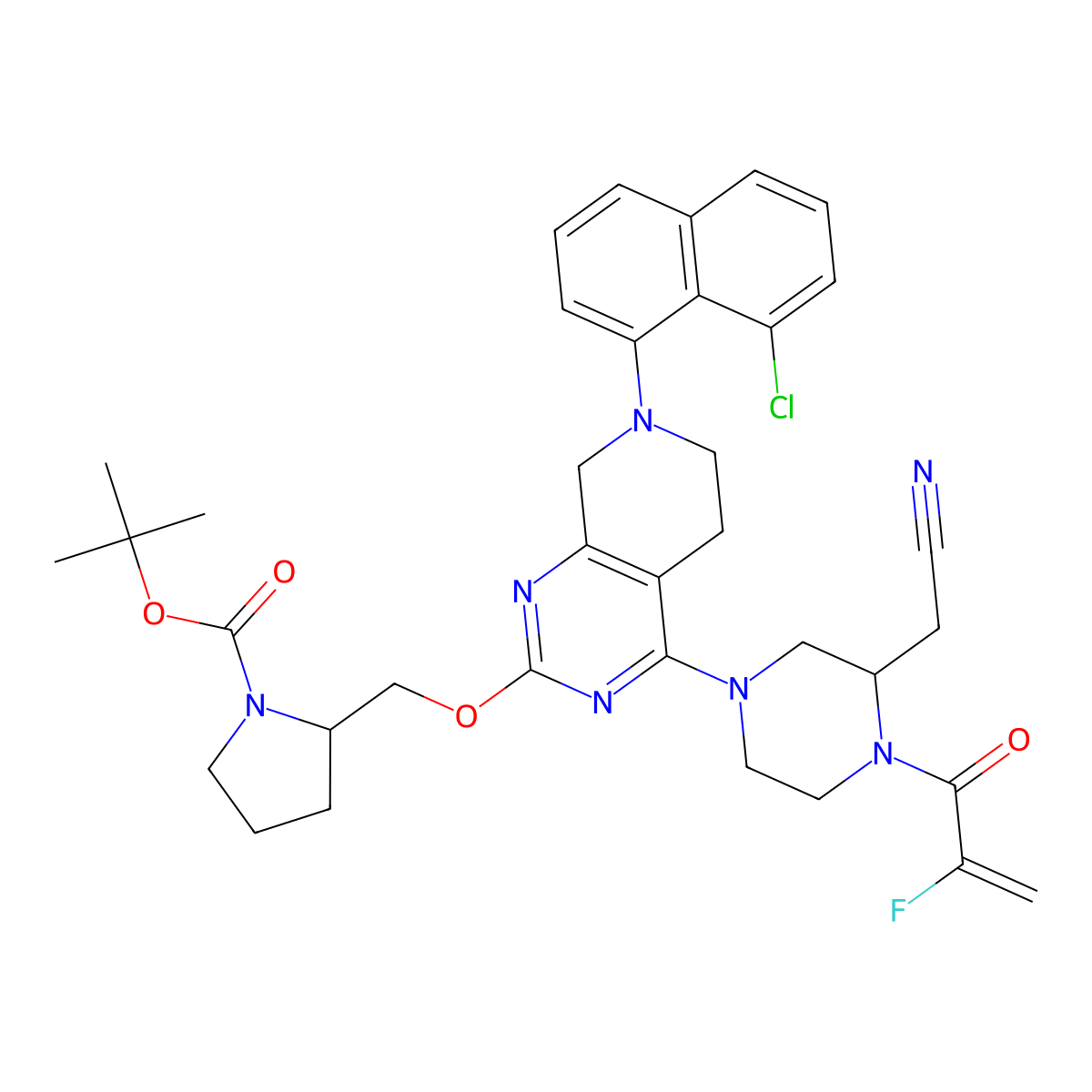 tert-Butyl (S)-2-(((7-(8-chloronaphthalen-1-yl)-4-((S)-3-(cyanomethyl)-4-(2-fluoroacryloyl)piperazin-1-yl)-5,6,7,8-tetrahydropyrido[3,4-d]pyrimidin-2-yl)oxy)methyl)pyrrolidine-1-carboxylate molecular structure, CAS 2326525-49-7