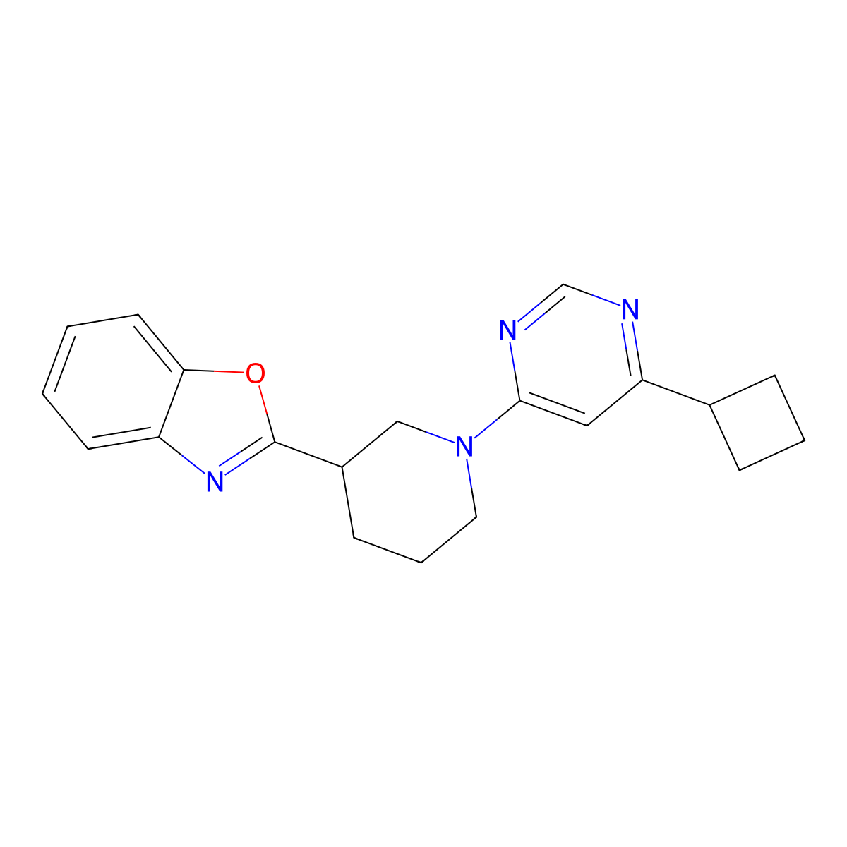 2-[1-(6-Cyclobutylpyrimidin-4-yl)piperidin-3-yl]-1,3-benzoxazole molecular structure, CAS 2326569-56-4
