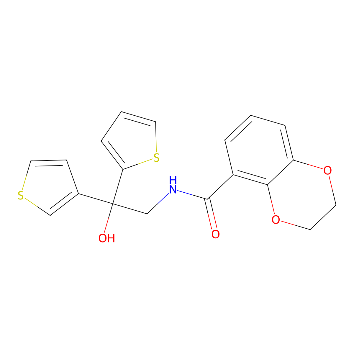 N-[2-hydroxy-2-(thiophen-2-yl)-2-(thiophen-3-yl)ethyl]-2,3-dihydro-1,4-benzodioxine-5-carboxamide molecular structure, CAS 2326668-25-9