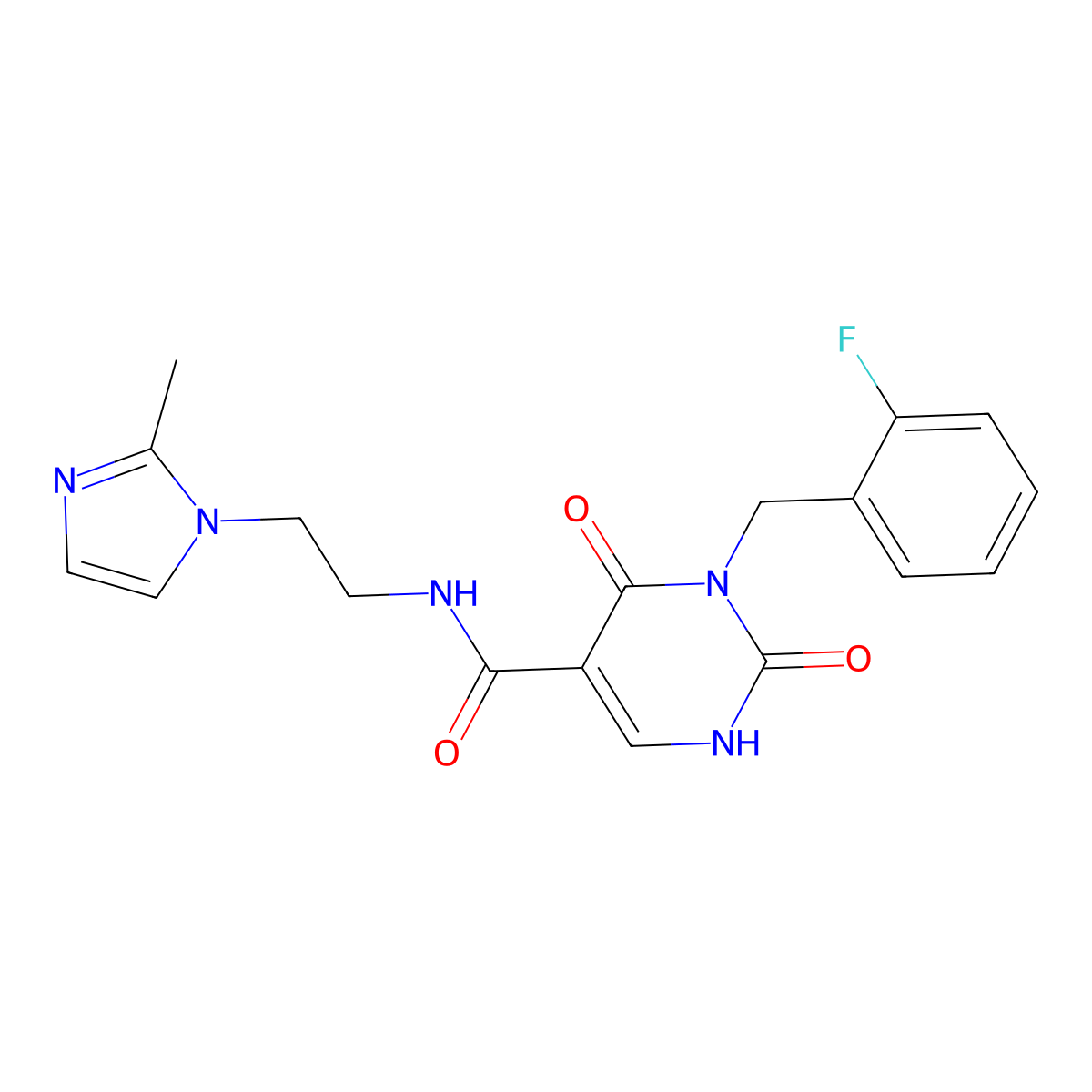 3-(2-fluorobenzyl)-N-(2-(2-methyl-1H-imidazol-1-yl)ethyl)-2,4-dioxo-1,2,3,4-tetrahydropyrimidine-5-carboxamide molecular structure, CAS 2326692-89-9