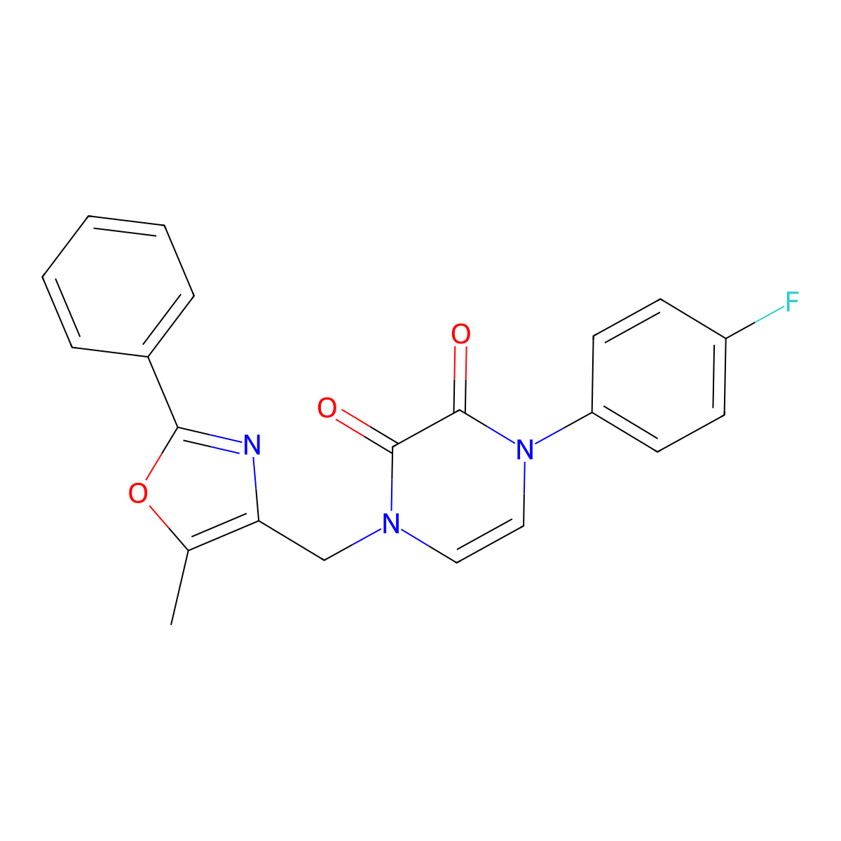 1-(4-Fluorophenyl)-4-[(5-methyl-2-phenyl-1,3-oxazol-4-yl)methyl]-1,2,3,4-tetrahydropyrazine-2,3-dione molecular structure, CAS 2326882-22-6