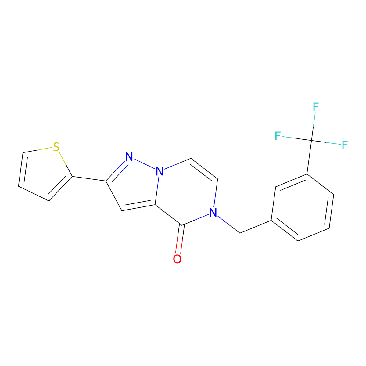 2-(thiophen-2-yl)-5-{[3-(trifluoromethyl)phenyl]methyl}-4H,5H-pyrazolo[1,5-a]pyrazin-4-one molecular structure, CAS 2326928-17-8