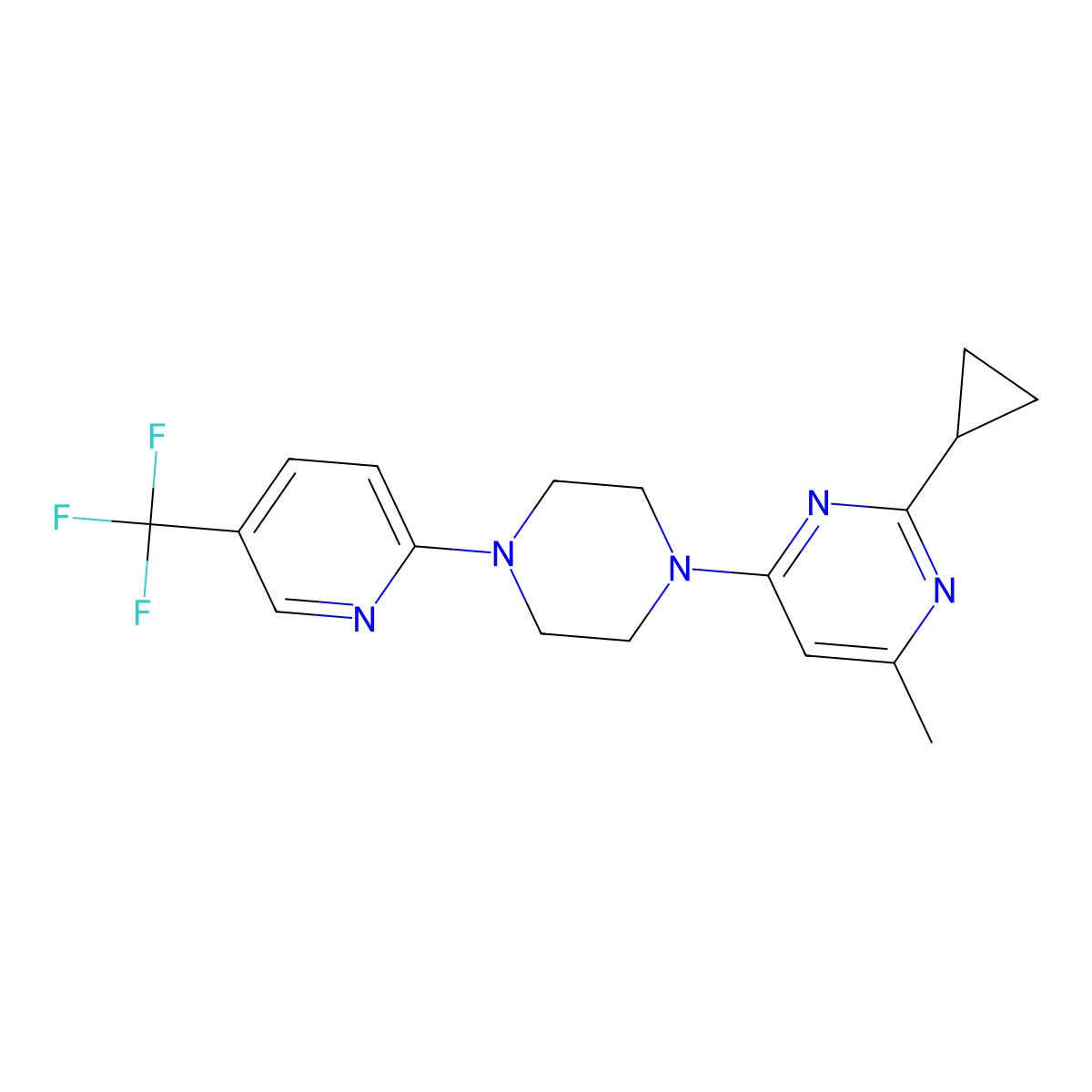 2-Cyclopropyl-4-methyl-6-{4-[5-(trifluoromethyl)pyridin-2-yl]piperazin-1-yl}pyrimidine molecular structure, CAS 2327062-64-4
