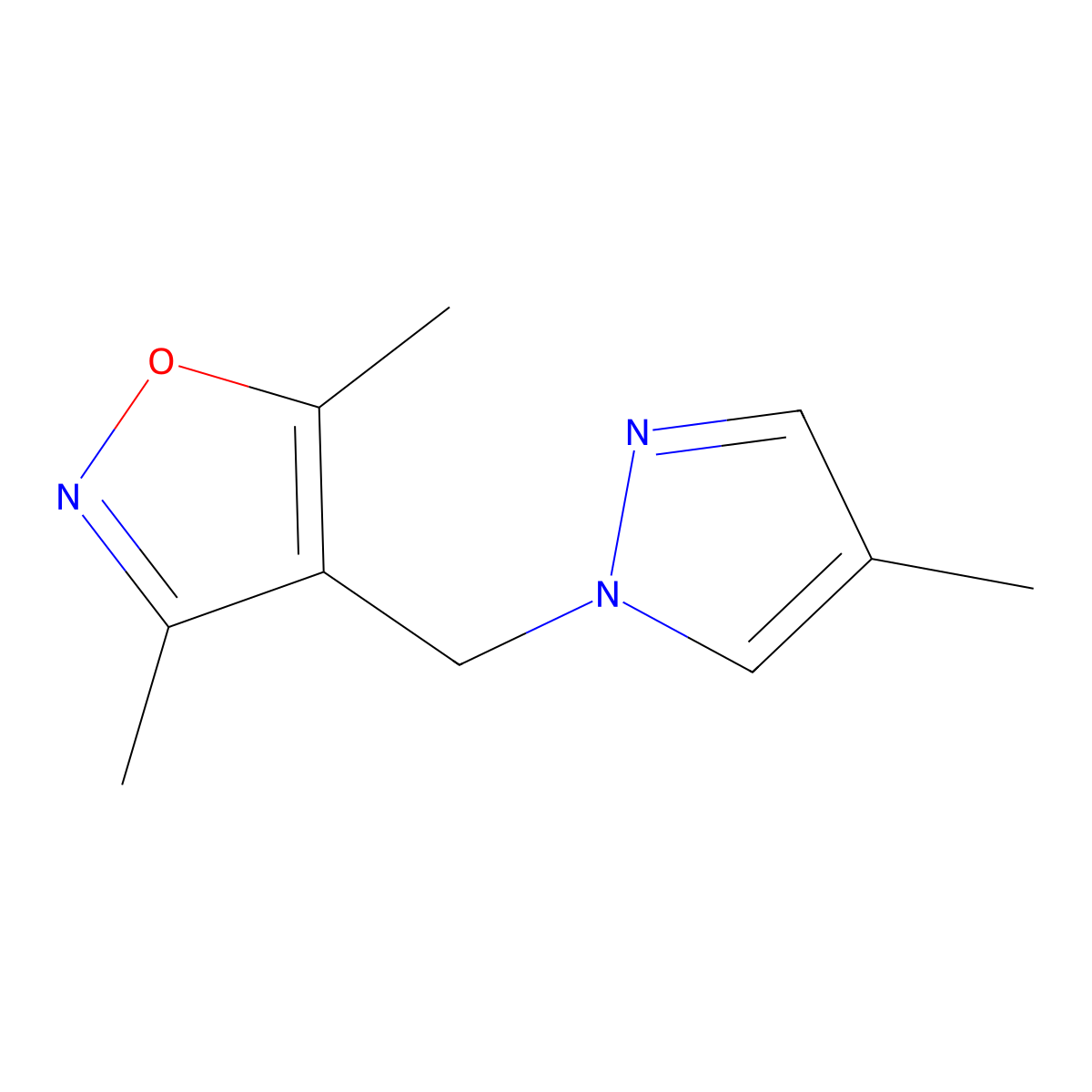 3,5-dimethyl-4-[(4-methyl-1H-pyrazol-1-yl)methyl]-1,2-oxazole molecular structure, CAS 2327184-59-6