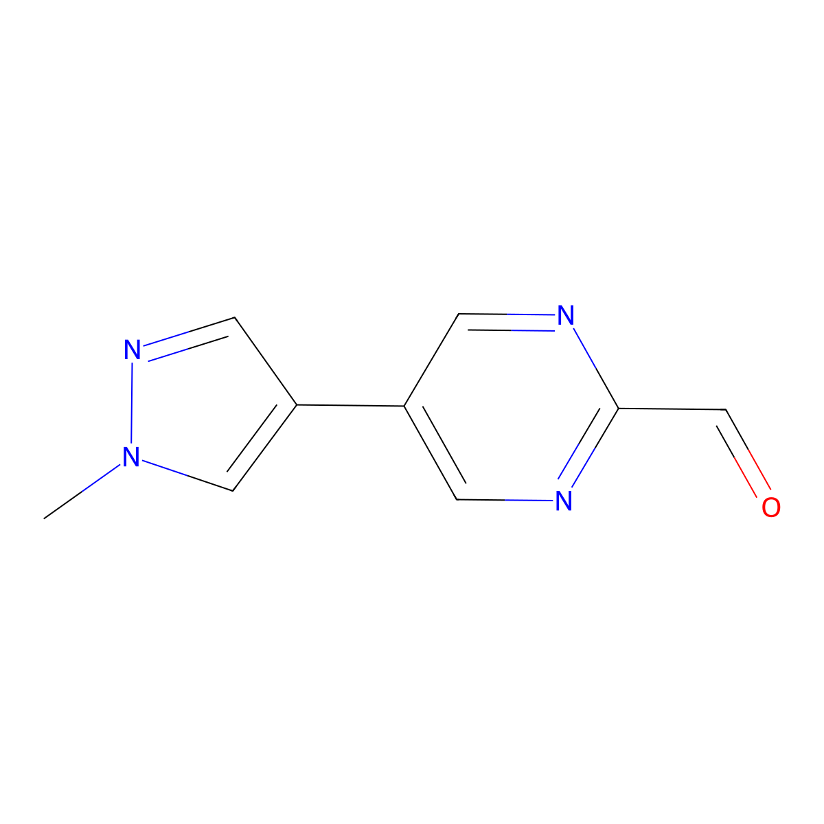 5-(1-methyl-1H-pyrazol-4-yl)pyrimidine-2-carbaldehyde molecular structure, CAS 2327188-17-8