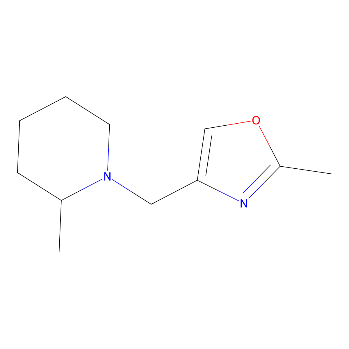 2-Methyl-1-[(2-methyl-1,3-oxazol-4-yl)methyl]piperidine molecular structure, CAS 2327189-49-9