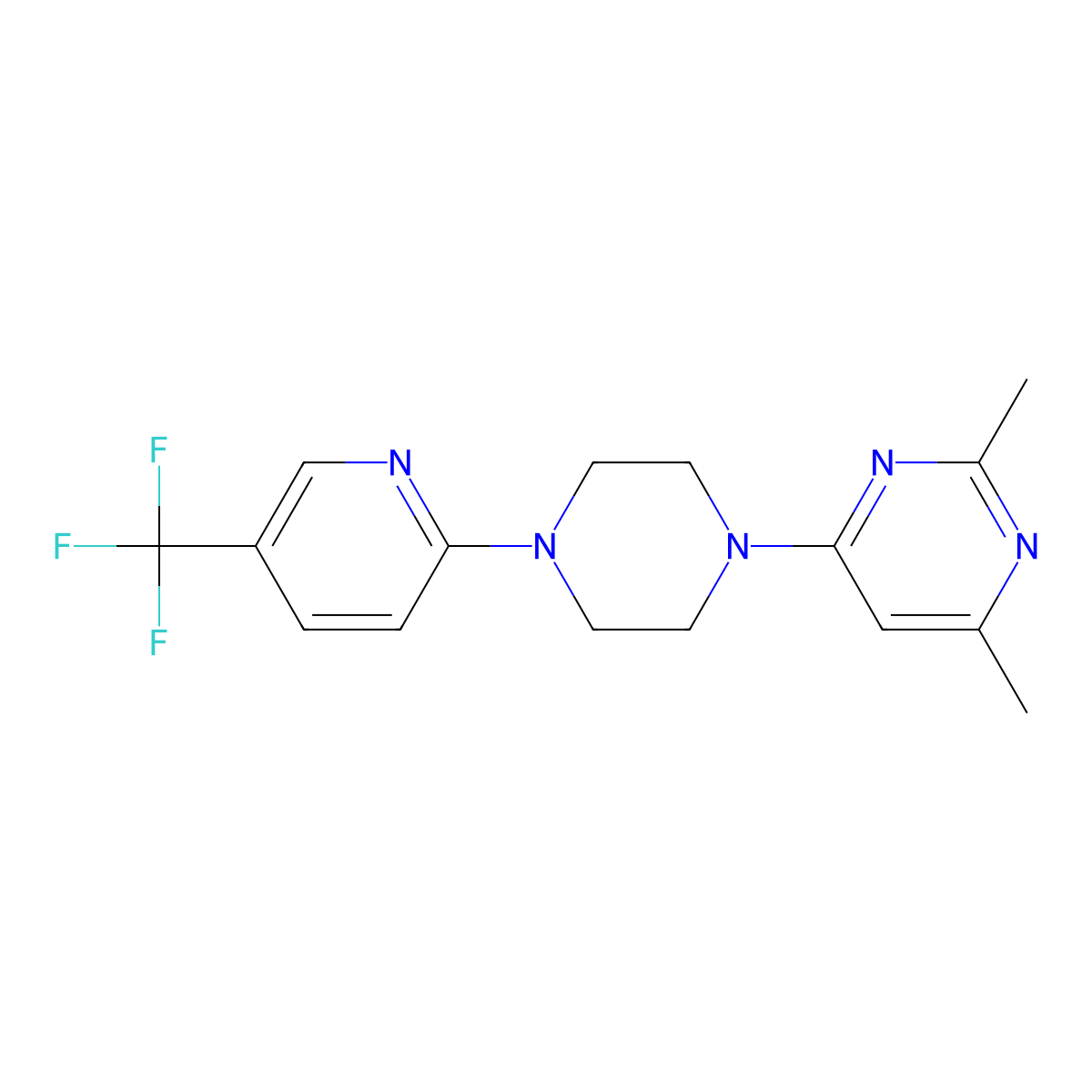 2,4-Dimethyl-6-{4-[5-(trifluoromethyl)pyridin-2-yl]piperazin-1-yl}pyrimidine molecular structure, CAS 2327217-94-5