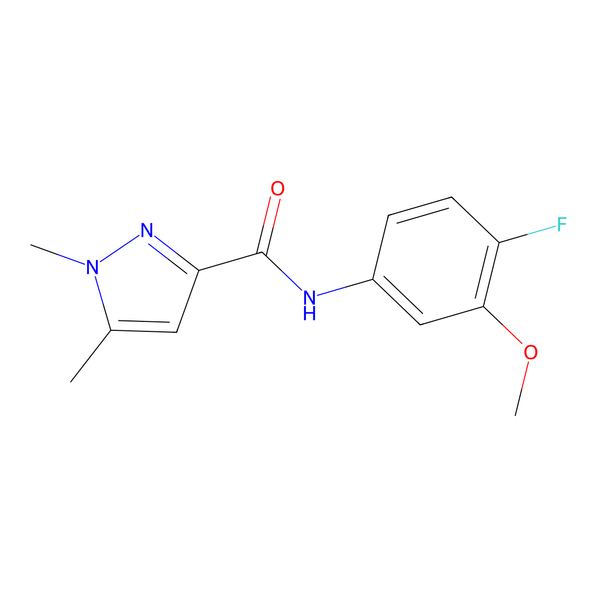 N-(4-fluoro-3-methoxyphenyl)-1,5-dimethyl-1H-pyrazole-3-carboxamide molecular structure, CAS 2327280-56-6