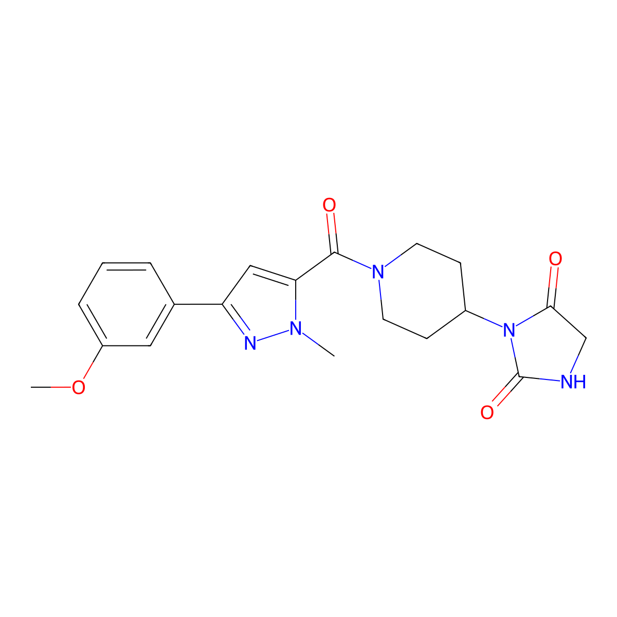 3-(1-(3-(3-methoxyphenyl)-1-methyl-1H-pyrazole-5-carbonyl)piperidin-4-yl)imidazolidine-2,4-dione molecular structure, CAS 2327356-72-7
