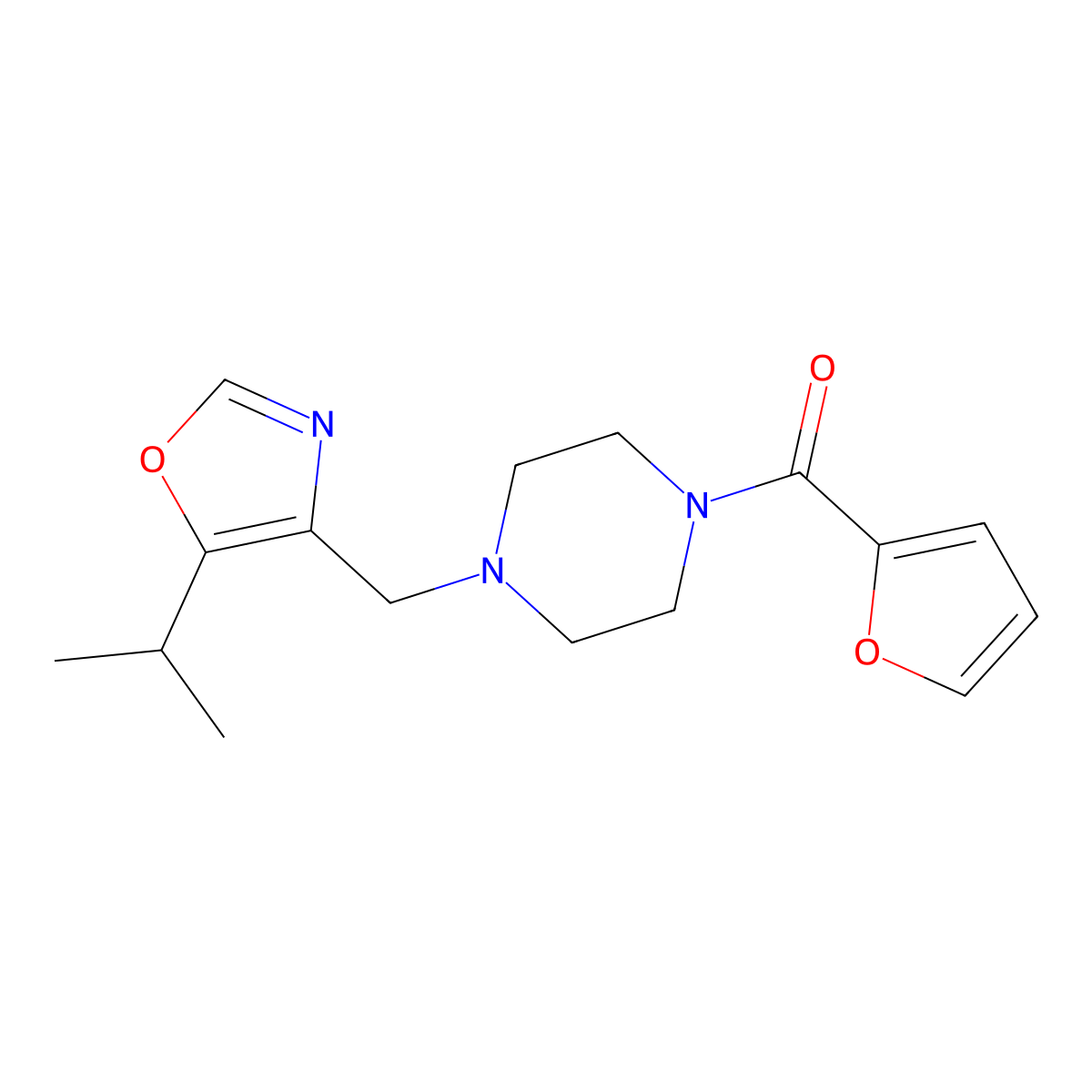 Furan-2-yl-[4-[(5-propan-2-yl-1,3-oxazol-4-yl)methyl]piperazin-1-yl]methanone molecular structure, CAS 2327368-82-9