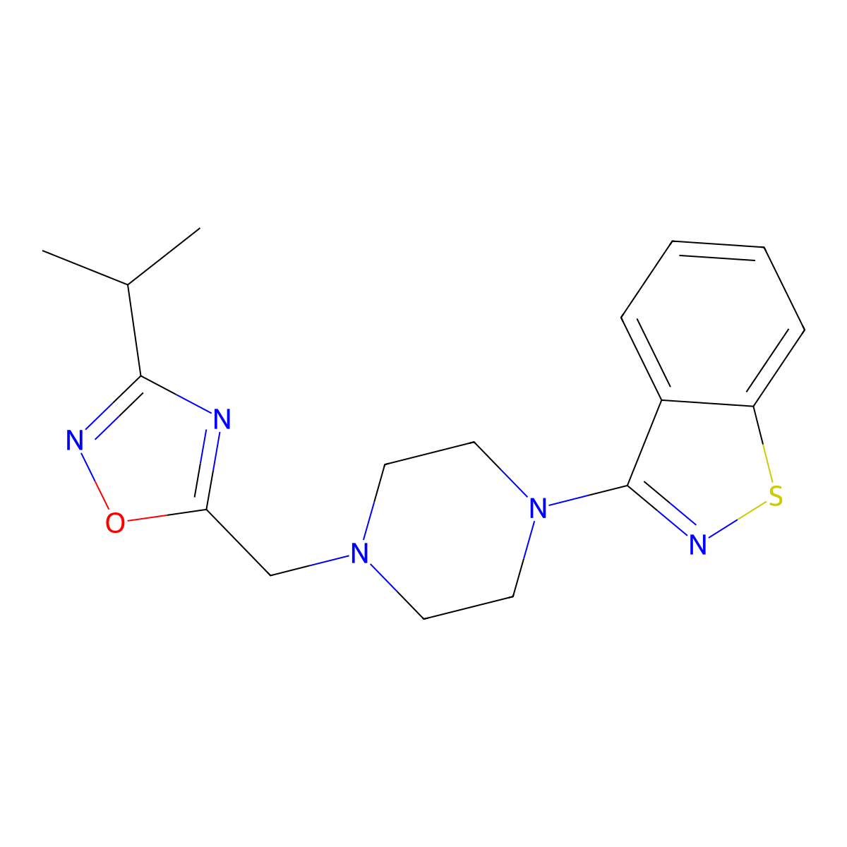 3-(4-{[3-(Propan-2-yl)-1,2,4-oxadiazol-5-yl]methyl}piperazin-1-yl)-1,2-benzothiazole molecular structure, CAS 2327526-15-6