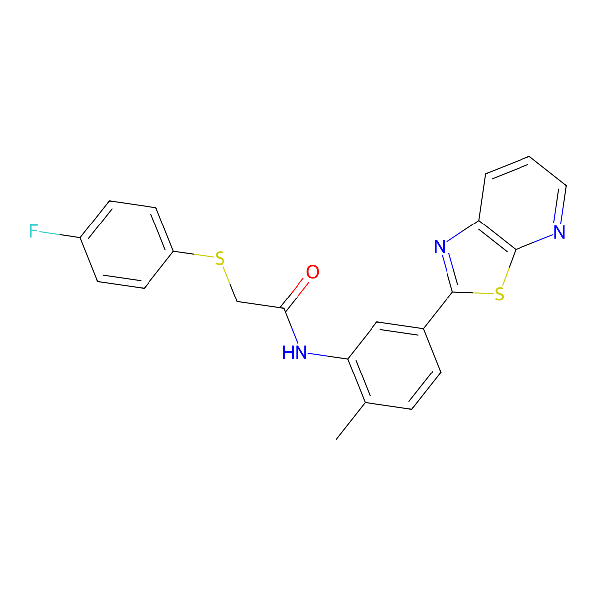 2-[(4-fluorophenyl)sulfanyl]-N-(2-methyl-5-{[1,3]thiazolo[5,4-b]pyridin-2-yl}phenyl)acetamide molecular structure, CAS 2327646-10-4