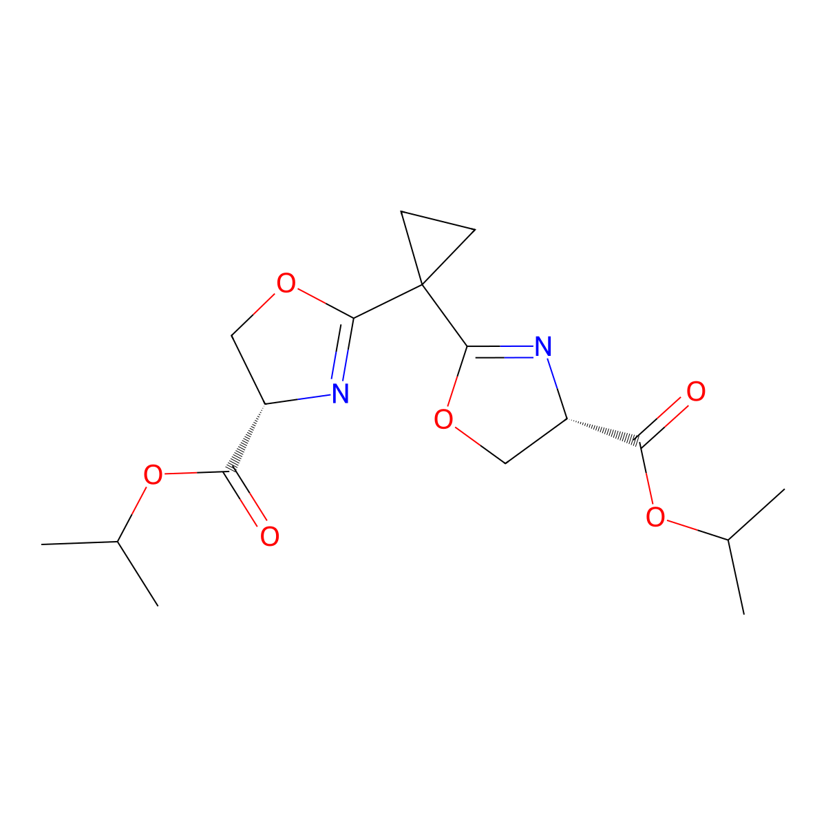 (4S,4'S)-Diisopropyl 2,2'-(cyclopropane-1,1-diyl)bis(4,5-dihydrooxazole-4-carboxylate) , sBOX(iPr) molecular structure, CAS 2328083-86-7