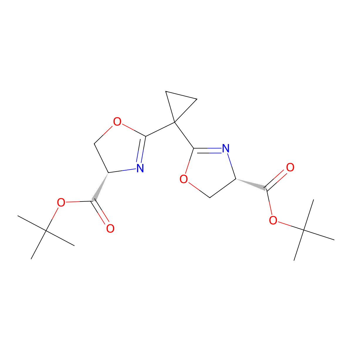 (4S,4'S)-Di-tert-butyl 2,2'-(cyclopropane-1,1-diyl)bis(4,5-dihydrooxazole-4-carboxylate) , sBOX(tBu) molecular structure, CAS 2328084-27-9