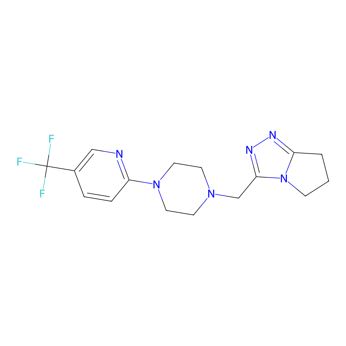1-({5H,6H,7H-pyrrolo[2,1-c][1,2,4]triazol-3-yl}methyl)-4-[5-(trifluoromethyl)pyridin-2-yl]piperazine molecular structure, CAS 2329217-58-3