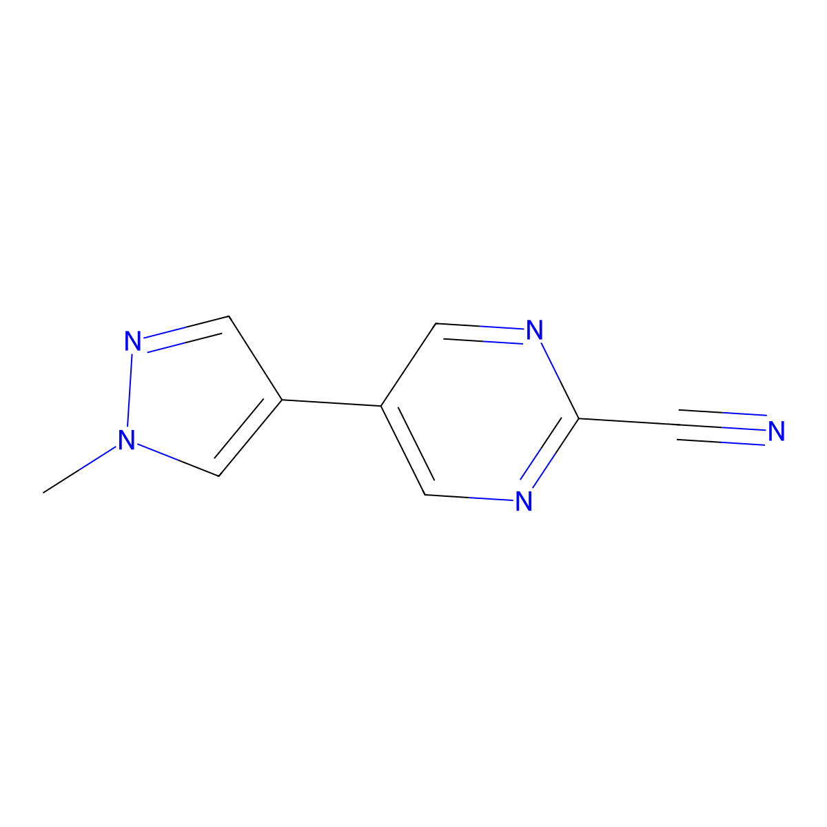 5-(1-methyl-1H-pyrazol-4-yl)pyrimidine-2-carbonitrile molecular structure, CAS 2329221-72-7