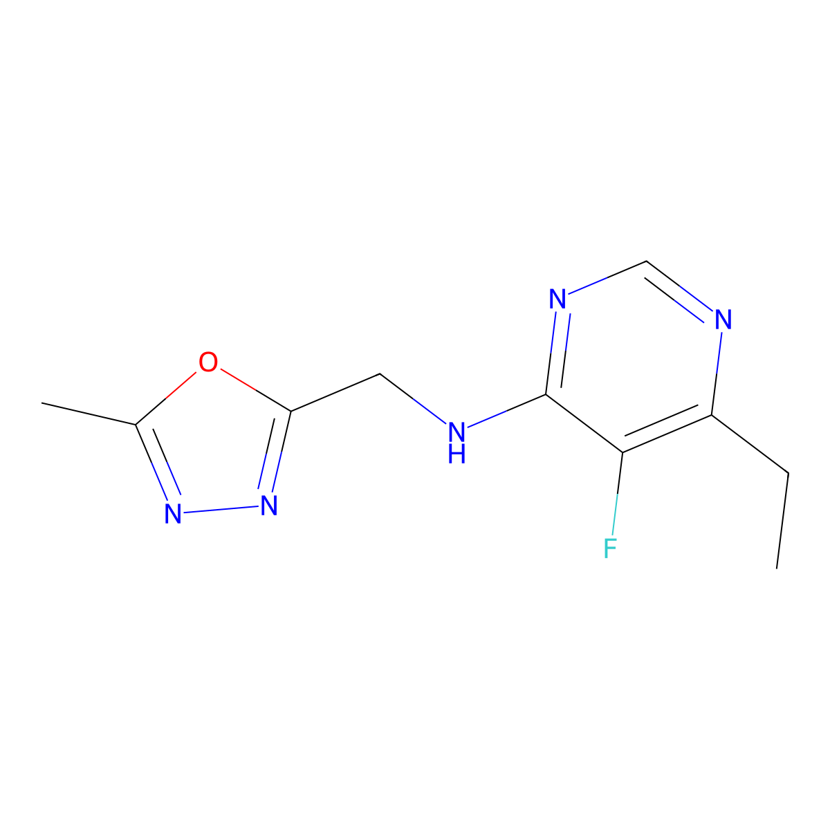 6-ethyl-5-fluoro-N-[(5-methyl-1,3,4-oxadiazol-2-yl)methyl]pyrimidin-4-amine molecular structure, CAS 2329243-35-6