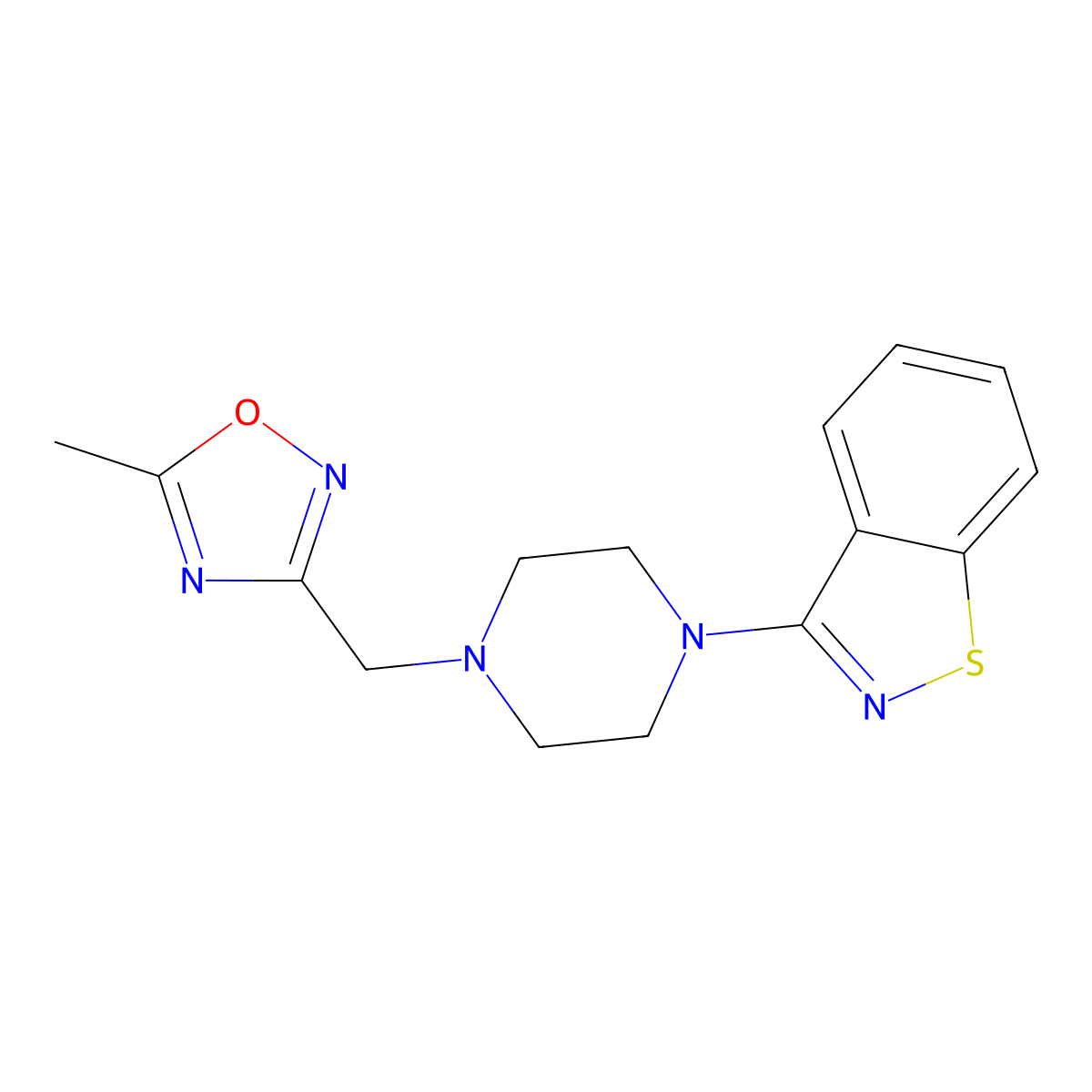 3-{4-[(5-Methyl-1,2,4-oxadiazol-3-yl)methyl]piperazin-1-yl}-1,2-benzothiazole molecular structure, CAS 2329250-63-5