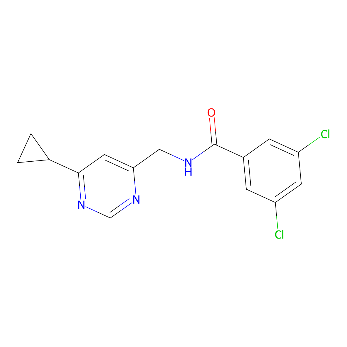 3,5-dichloro-N-[(6-cyclopropylpyrimidin-4-yl)methyl]benzamide molecular structure, CAS 2329258-74-2