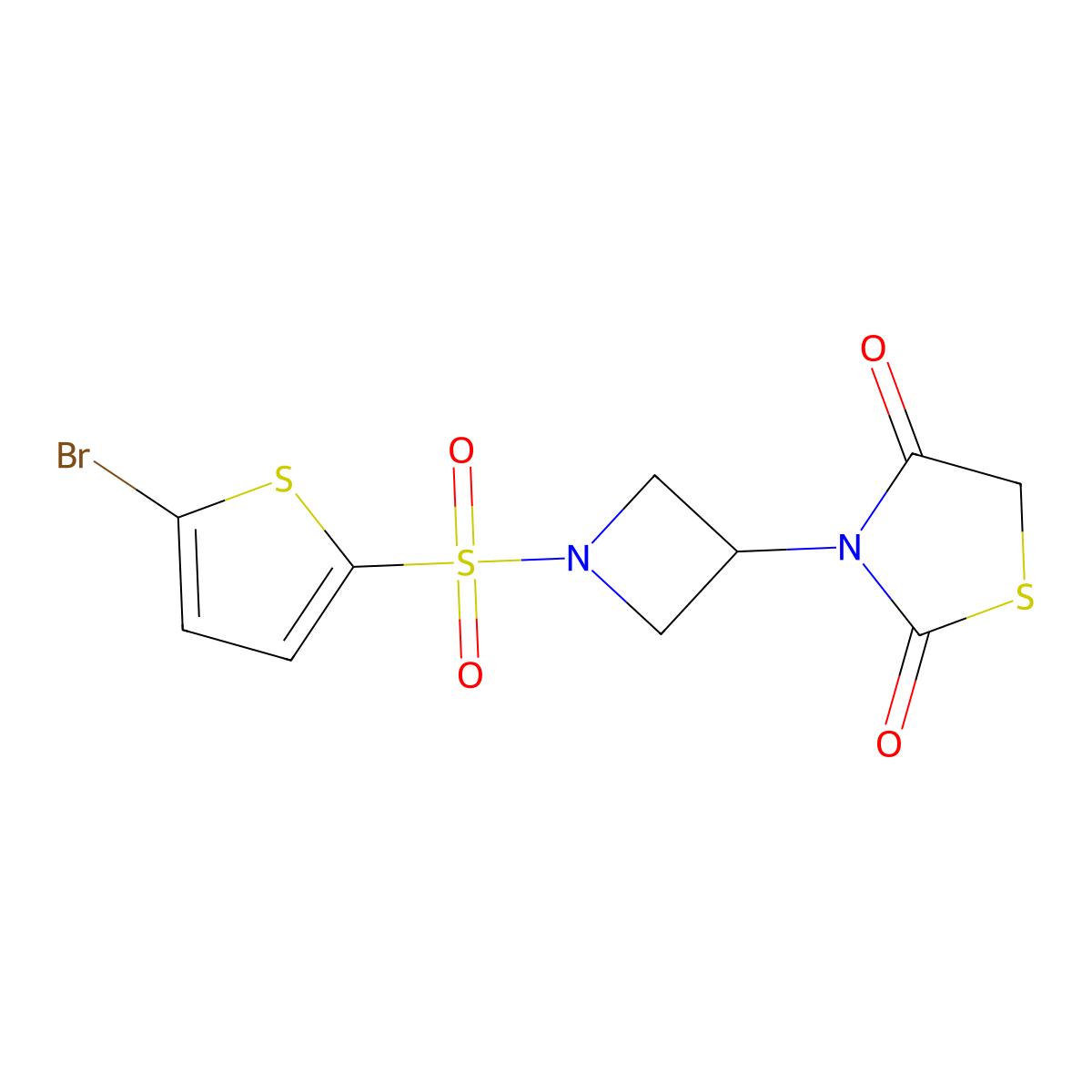 3-{1-[(5-Bromothiophen-2-yl)sulfonyl]azetidin-3-yl}-1,3-thiazolidine-2,4-dione molecular structure, CAS 2329550-77-6