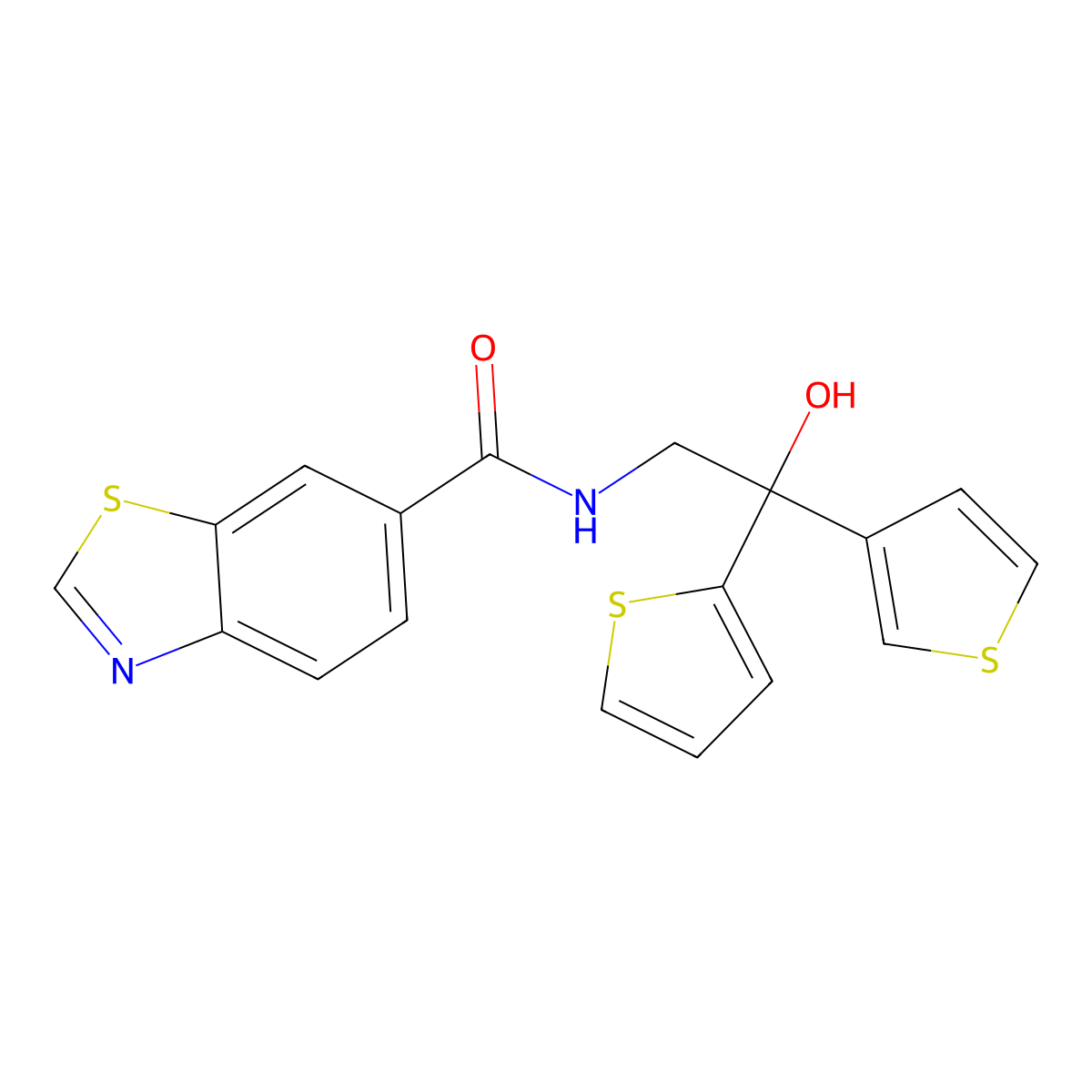 N-[2-hydroxy-2-(thiophen-2-yl)-2-(thiophen-3-yl)ethyl]-1,3-benzothiazole-6-carboxamide molecular structure, CAS 2329792-61-0