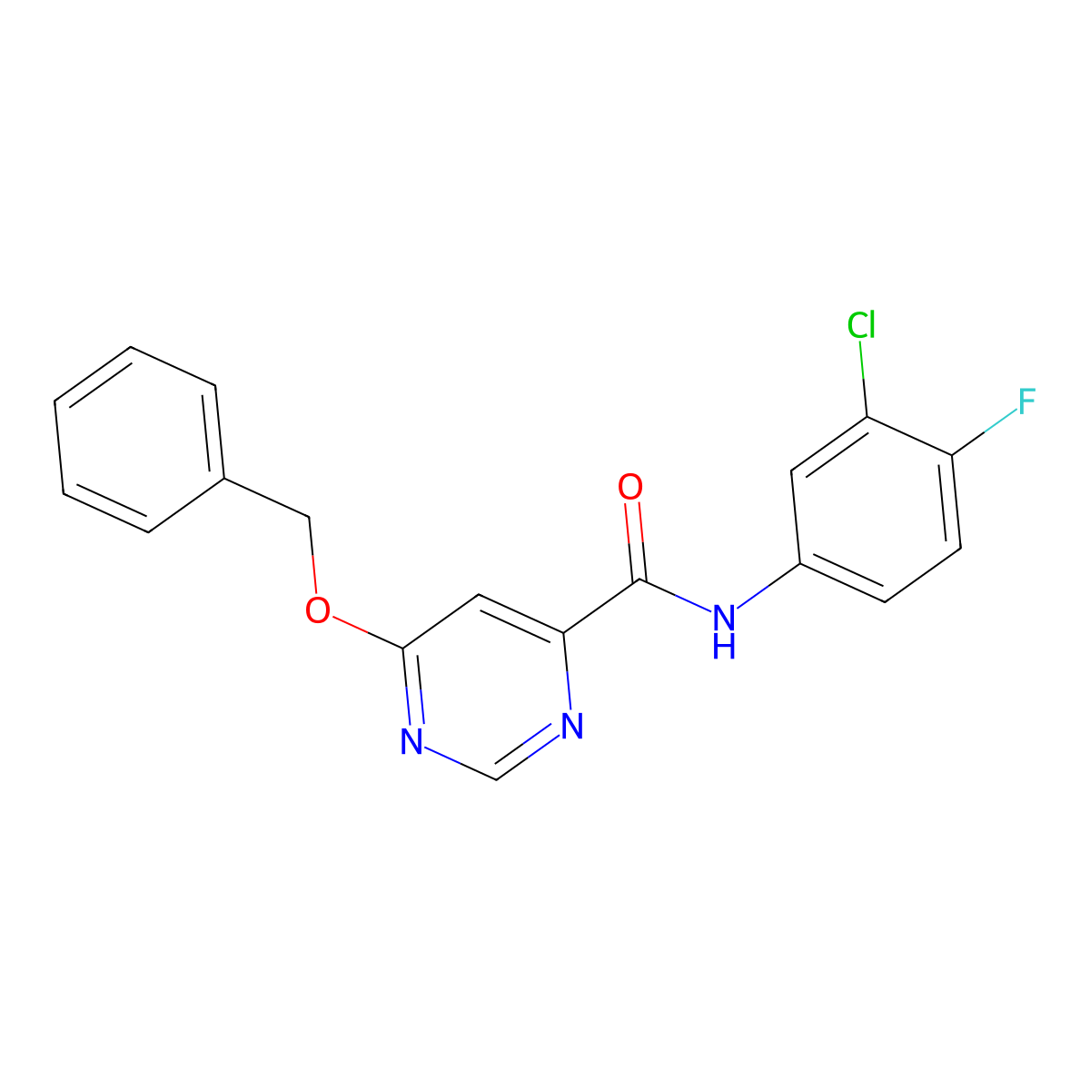 6-(benzyloxy)-N-(3-chloro-4-fluorophenyl)pyrimidine-4-carboxamide molecular structure, CAS 2329935-30-8