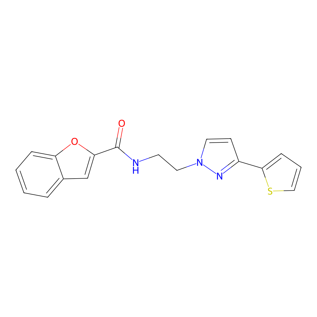 N-(2-(3-(thiophen-2-yl)-1H-pyrazol-1-yl)ethyl)benzofuran-2-carboxamide molecular structure, CAS 2330356-58-4