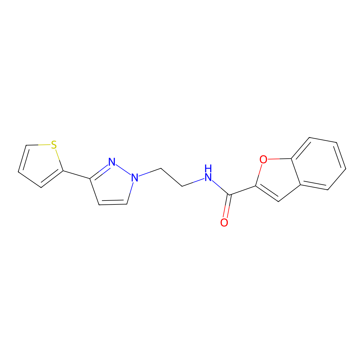 N-(2-(3-(thiophen-2-yl)-1H-pyrazol-1-yl)ethyl)benzofuran-2-carboxamide molecular structure, CAS 2330356-58-4