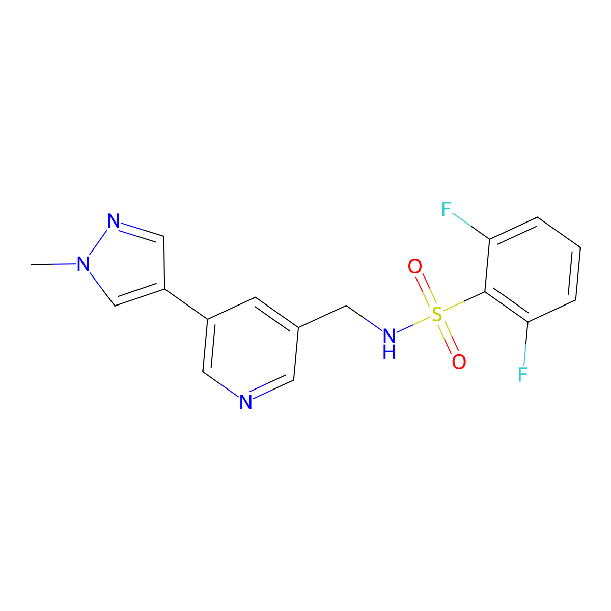 2,6-difluoro-N-{[5-(1-methyl-1H-pyrazol-4-yl)pyridin-3-yl]methyl}benzene-1-sulfonamide molecular structure, CAS 2330597-56-1