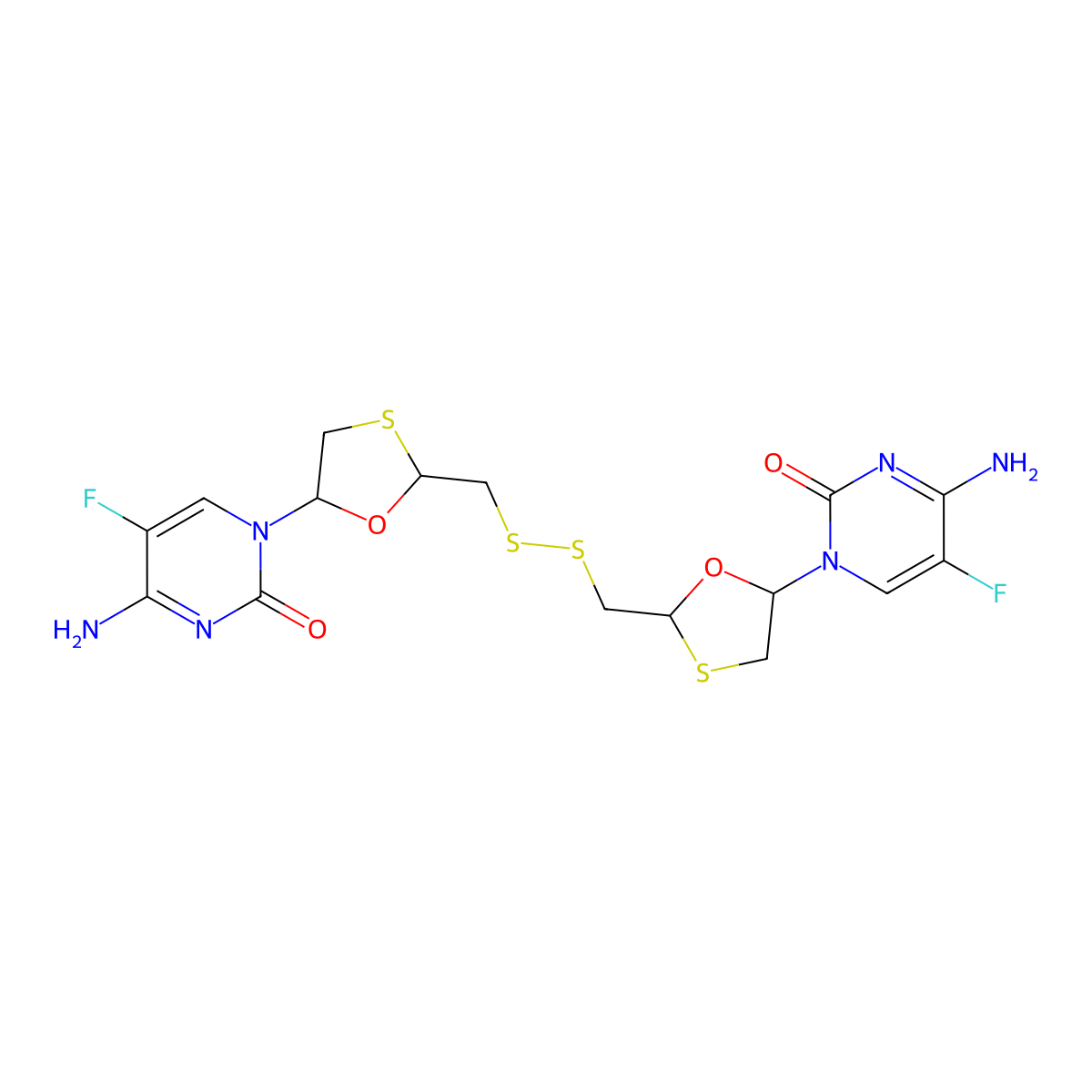 (2R,2'R,5S,5'S)-2,2'-Dithiobismethylenebis(5-(4-amino-5-fluoro-2-oxo-1H-pyrimidin-1-yl)-[1,3]oxathiolane) molecular structure, CAS 2331211-44-8