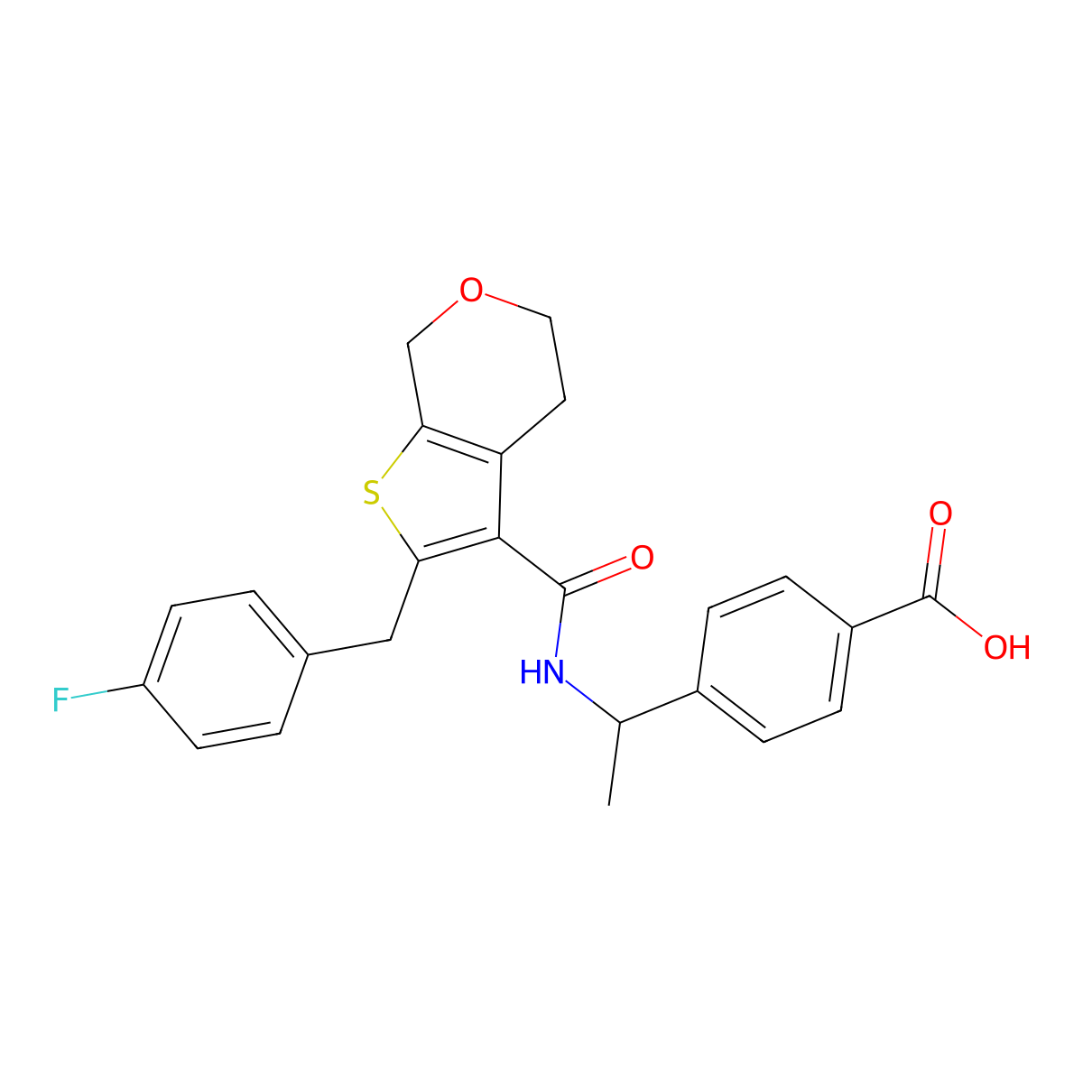 4-[(1S)-1-[[2-[(4-fluorophenyl)methyl]-5,7-dihydro-4H-thieno[2,3-c]pyran-3-carbonyl]amino]ethyl]benzoic acid molecular structure, CAS 2332972-26-4