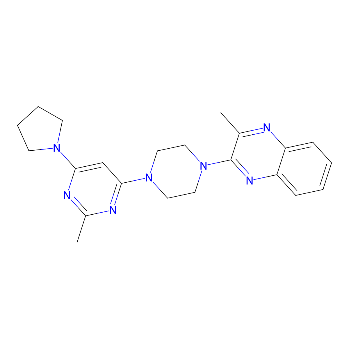 2-Methyl-3-{4-[2-methyl-6-(pyrrolidin-1-yl)pyrimidin-4-yl]piperazin-1-yl}quinoxaline molecular structure, CAS 2333211-55-3