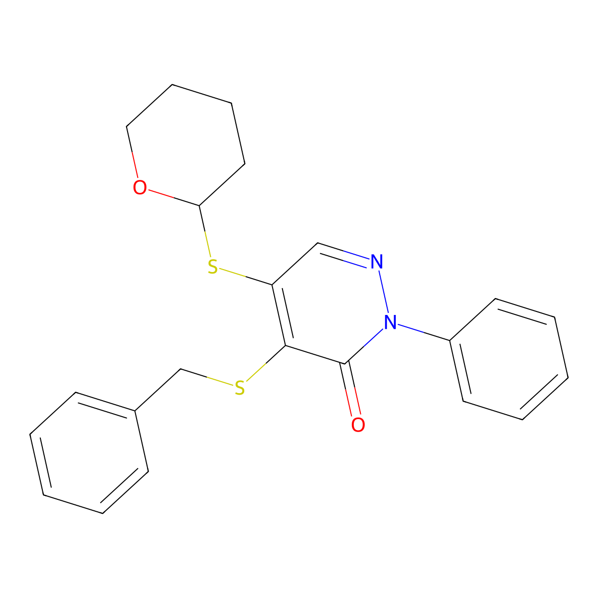4-(benzylsulfanyl)-2-phenyl-5-(tetrahydro-2H-pyran-2-ylsulfanyl)-3(2H)-pyridazinone molecular structure, CAS 23352-13-8