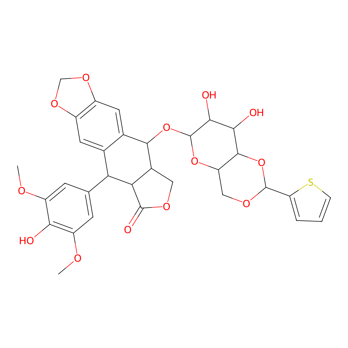 9-(4-Hydroxy-3,5-dimethoxyphenyl)-8-oxo-5,5a,6,8,8a,9-hexahydro-2H-furo(3',4':6,7)naphtho(2,3-d)(1,3)dioxol-5-yl 4,6-O-((thiophen-2-yl)methylidene)hexopyranoside molecular structure, CAS 23362-13-2