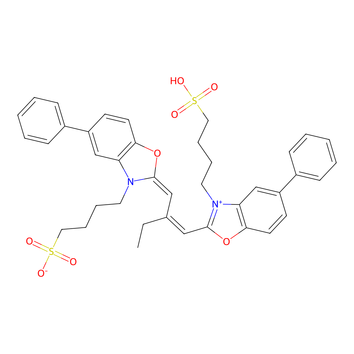 benzoxazolium, 5-phenyl-2-(2-((5-phenyl-3-(4-sulfobutyl)-2(3h)-benzoxazolylidene)methyl)-1-buten-1-yl)-3-(4-sulfobutyl)-, inner salt molecular structure, CAS 23368-58-3